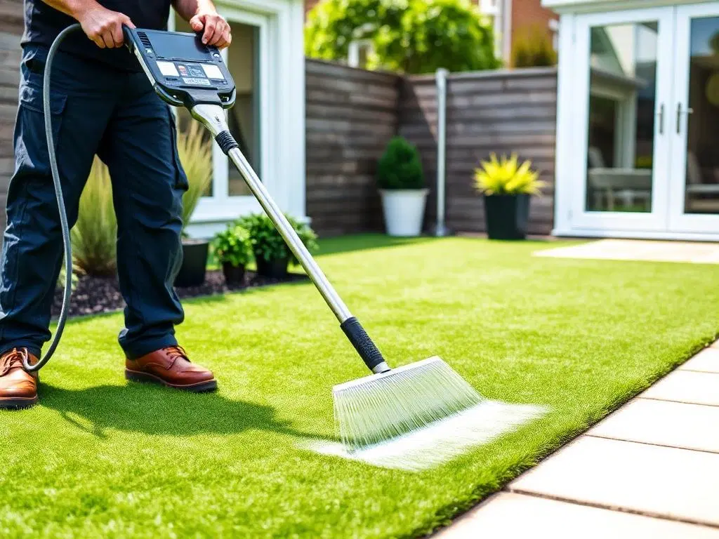 Deep artificial grass cleaning with professional equipment